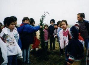 Chicos del colegio: los grupos del C.E.F. de las guarderas, plantas rboles en el Polideportivo Municipal (Mayo de 2000).